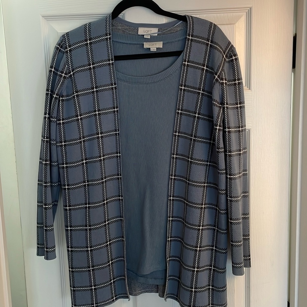 Loft plaid cardigan and cotton long sleeve shirt in dusty blue greige plaid